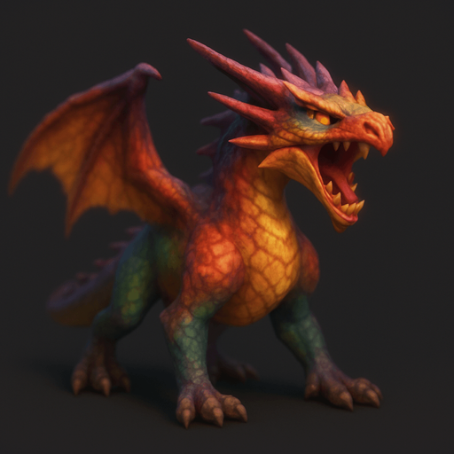 Different standing dragon on four legs, looking down. have mixed colors. Blur. the dragon is opened mouth like he is ready to shout. 
Single Game Texture. In-Game asset. 3D. Blank background. High contrast. No shadows.