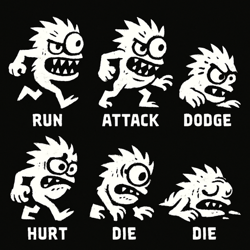 Sprite sheet of a monster enemy that has crucked teeth and a crazy eye. The sprite sheet has different frames of the enemy doing actions like run , attack , dodge, hurt and die..
High contrast