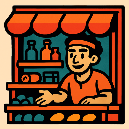 A shop with a guy selling stuff in the shells.
In-Game asset.  High contrast.  No shadows