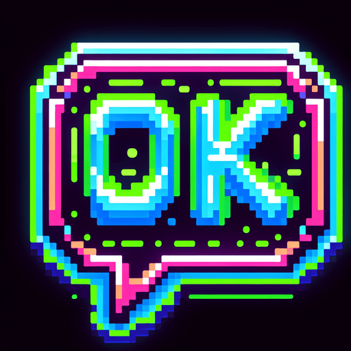 pixel art speech bubble that says "Ok" neon color..
Single Game Texture. In-Game asset. 2d. Blank background. High contrast. No shadows.