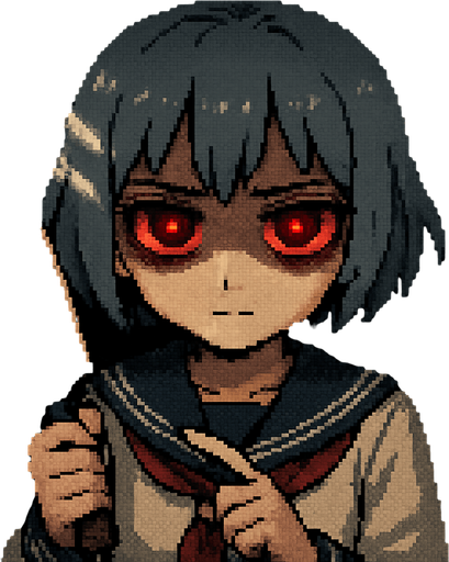 Stella is a 15-year-old anime girl—sweet and incredibly kawaii—with short, soft hair in a bluish-gray tone (HEX: #b0b9d8) and deep black eyes. She wears a traditional Japanese school uniform, the classic sailor-style fuku. In her right hand, she holds a butcher knife. Her expression is serious, and her eyes, now glowing with an intense yandere red, reflect jealousy and obsession. Dark under-eye circles emphasize her unsettling gaze.

She is inside a high school locker in a Japanese school. Her right hand is slightly raised, gripping the knife, while her left hand gently touches the blade with her index finger, mimicking the motion of a clock hand—adding to the eerie atmosphere. To emphasize the feeling of being inside the locker, soft light shines through the ventilation slits, casting dramatic shadows across her face.

The entire scene is rendered in detailed Pixel Art style, enhancing both the cuteness and the unsettling atmosphere of the character and setting.