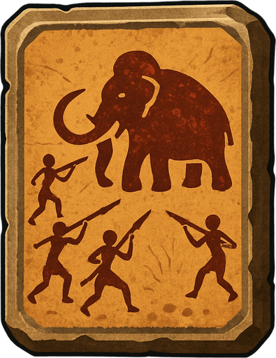 Card packet made out of stone with a Tribal drawing of people Hunting a wolly Mammoth.
In-Game asset.  2d.  High contrast.  No shadows