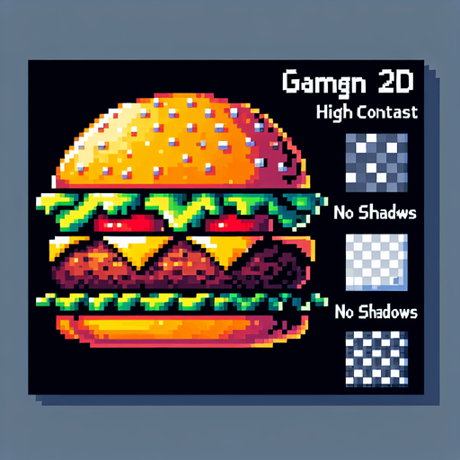 burger.
Single Game Texture. In-Game asset. 2d. Blank background. High contrast. No shadows. 8bit. no background.
