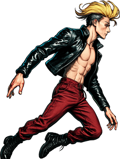 Swishy graceful man Cyberpunk manga, side profile view, flying flight levitation action shot shiny black leather biker jacket longsleeves shirtless Skinny abs blonde pompadour guy, dynamic motion lifting off ground wine red joggers combat boots, tilting forward legs relaxed toes pointed arms relaxed at sides, Background removed, "Full-body character, entirely in frame, no cropping of face, head, or feet" "Complete character visible, from head to toe, fully centered in the image" "Entire character, including face and boots, fully within the frame" Character fully contained within a square frame, no edges cut off fashion model pose style of Vogue magazine