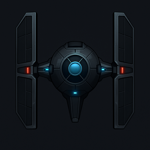 A clean and stylized top-down view of a futuristic sci-fi fighter inspired by classic space opera designs. The ship features a central cockpit sphere with two large vertical wing panels on each side, connected by sleek metallic arms. The design is symmetrical with dark gray and black tones, accented with subtle glowing blue or red highlights. The icon has sharp, simplified details for clarity at small sizes, with a dark background to enhance contrast. Square or circular format, 1024x1024 resolution, high detail, sci-fi concept art style. Original design, copyright-safe, evoking the essence of iconic space fighters..
In-Game asset.  2d.  High contrast.  No shadows