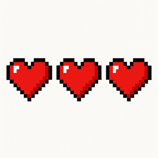 tres corazones hechos con pixeles.
In-Game asset.  2d.  High contrast.  No shadows