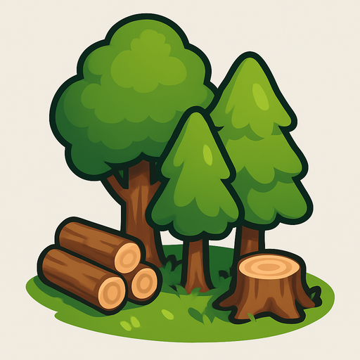 Crea un nodo de recurso de Bosque de Madera en un estilo 2D renderizado, limpio y cartoonish, con contornos claros y definidos, colores vibrantes con transiciones suaves, y sombreado que dé volumen. Debe ser fácilmente reconocible como una fuente de madera.

Estructura Principal: Un pequeño grupo de árboles estilizados de diferentes alturas y formas. Los troncos deben ser marrones y las copas verdes (variedad de tonos de verde).

Suelo: Un poco de hierba verde alrededor de las bases de los árboles.

Recursos Visibles: Debería haber algunos troncos cortados o pilas de madera pequeñas cerca de los árboles para indicar que es una fuente activa de madera.

Claridad: Debe haber suficiente espacio entre los elementos para que los trabajadores puedan interactuar con ellos visualmente.

Dimensiones Sugeridas: Similar a los otros nodos de recursos (64x64 o 96x96 píxeles)..
In-Game asset.  2d.  High contrast.  No shadows