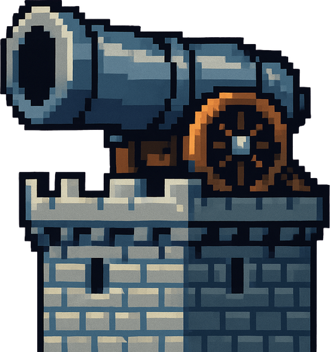 castle gun, siege gun, pixel art.
In-Game asset.  2d.  High contrast.  No shadows