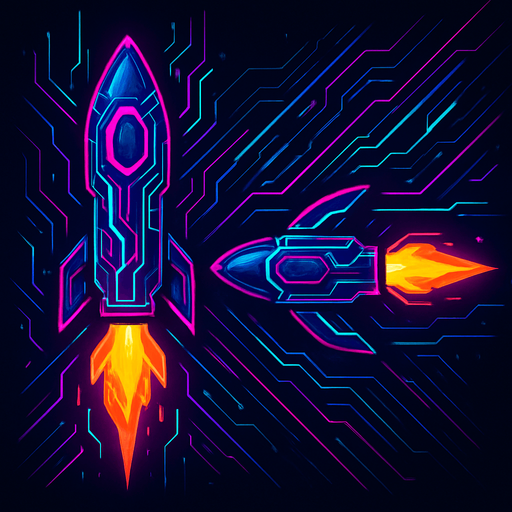 Pack of cyber rocket shot assets. small fire on the back. mixed cyberpunk + abstract lines. Vertical rocket going up. Horizontal rocket going right. No diagonal rocket. HD colors
In-Game asset.  2d.  High contrast.  No shadows.