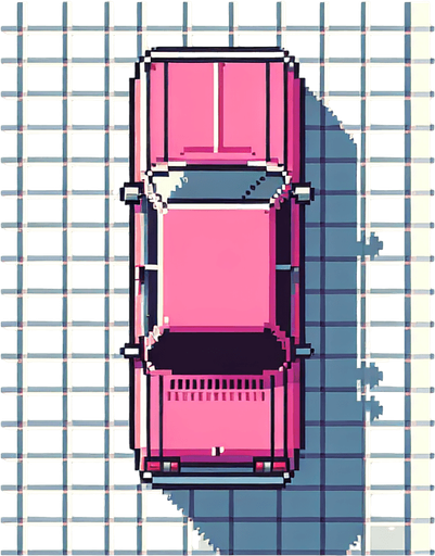 Top-down view of a simple pink car in pixel art style, 64x64 size, designed for an endless driving game, minimal detail, arcade style". straight top. View
Single Game Texture.  In-Game asset.  2d.  Blank background.  High contrast.  No shadows