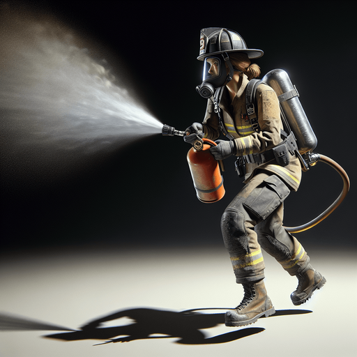 firefighter using fire extinguisher
Single Game Texture.  In-Game asset.  2d.  Blank background.  High contrast.  No shadows