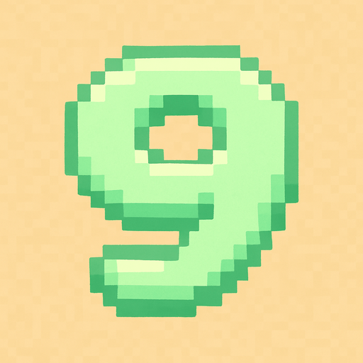 A pixel art number "9" designed for a cozy, cute retro 2D game UI with a bird theme. The number is rendered in soft pastel light green tones to harmonize with the gentle and sweet aesthetic of the game. It has a clean, simple, and rounded pixel style with no harsh edges, fitting perfectly within the pixel art UI style. The number is bold and easily readable at small sizes..
In-Game asset.  2d.  High contrast.  No shadows. pixel art. retro. 2d ui. number. pastel light green. simple. rounded edges. bold. cute. minimal
