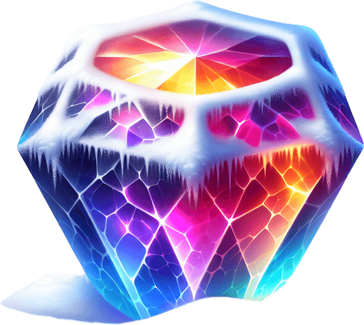 a precious colorful glowing gem with snow and ice on it.
Single Game Texture. In-Game asset. 2d. Blank background. High contrast. No shadows.