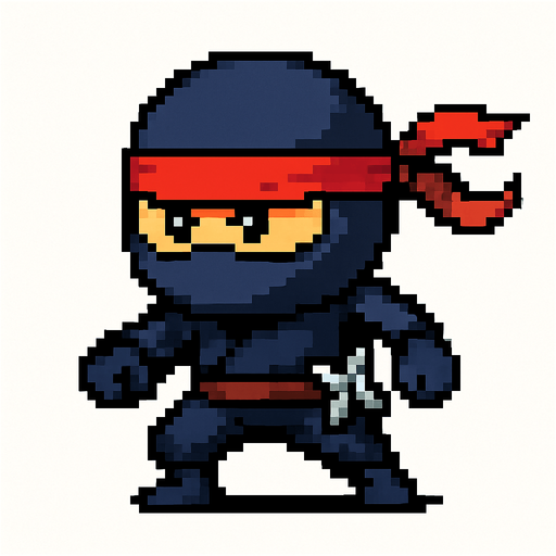El ninja debe ser un personaje compacto y ágil en estilo pixel art, con un traje negro o azul oscuro que cubra todo su cuerpo excepto los ojos, los cuales deben ser expresivos y ligeramente entrecerrados para mostrar concentración o determinación; puede tener una banda o pañuelo rojo atado en la frente que se extienda hacia atrás con movimiento, y detalles mínimos como cinturón, guantes o pequeñas armas visibles como una estrella ninja al costado; el diseño debe ser simple pero dinámico, con animación sutil de respiración o movimiento de tela, y fondo transparente, ideal para integrarse en un juego de acción o reflejos con estética caricaturesca o retro..
In-Game asset.  2d.  High contrast.  No shadows