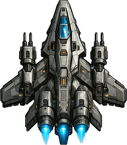 Uzay temalı Savaş Gemisi, gerçekçi, yazısız üstten görünüm. 
In-Game asset.  High contrast.  No shadows