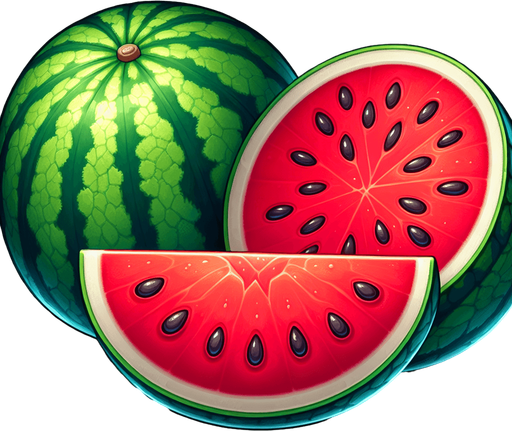 sliced watermelon fruit into two left side one and rightside one.
Single Game Texture.  In-Game asset.  2d.  Blank background.  High contrast.  No shadows