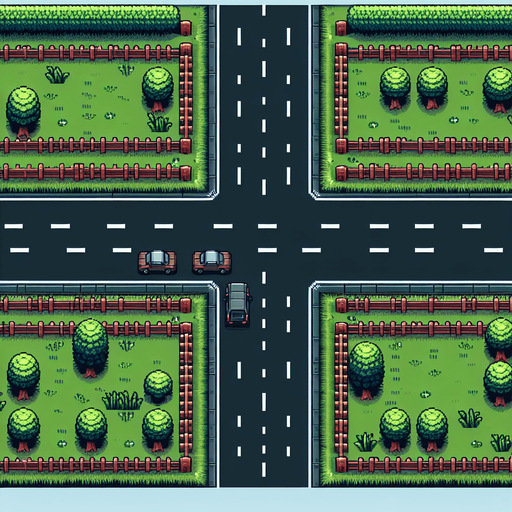 top down seamless vertical scrolling background for an endless driving game , centyral road with 3 lanes sside grass trees, and fences, pixel art style Single Game Texture.  In-Game asset.  2d.  Blank background.  High contrast.  No shadows