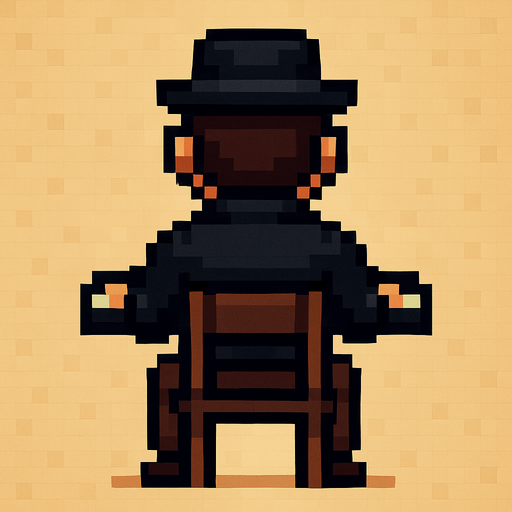 pianist man with hat from behind standing in chair without piano pixel art 2d