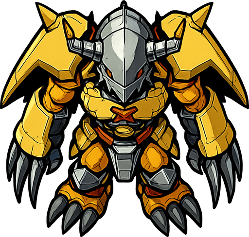 Wargreymon, visto desde arriba, detalles muy altos, sin errores idéntico.
In-Game asset.  2d.  High contrast.  No shadows