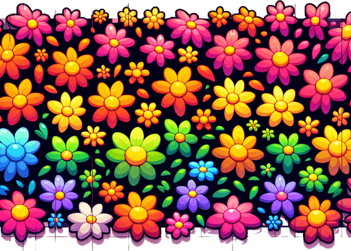 A sprite sheet of flowers seen from above. Cartoon. All similar size. Each blossom has multi colored rainbow petals. only the blossom. Bold colors and shading. 
Single Game Texture. In-Game asset. 2d. Blank background. High contrast. No shadows.