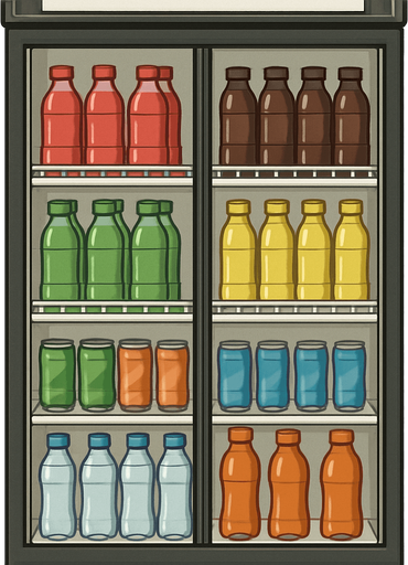 İçindeki içecekler görünen, meşrubat dolabı, gerçekçi - yazısız.
In-Game asset.  2d.  High contrast.  No shadows