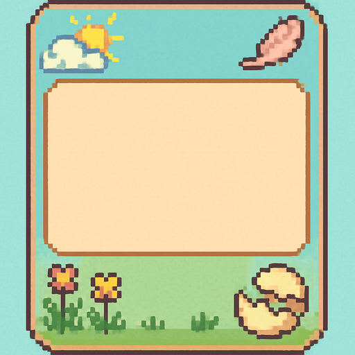 A decorative pixel art character card frame for a 2D retro-style game, themed around a cute bird world. The card is rectangular with rounded corners and has a pastel-colored background. Each corner includes soft, themed details:

A cloud and sun in the top-left,

A feather or flying bird in the top-right,

Grass or flowers in the bottom-left,

A cracked egg in the bottom-right.

The center area is left empty for a character sprite to be added later. The overall design is cozy, cute, colorful, and flat—fitting the aesthetic of a peaceful, playful bird-themed game world.

Style tags:
pixel art, retro, bird theme, character card, cozy, pastel colors, cloud, feather, egg, grass, flowers, soft design, minimal, 2D UI, flat, cute.
In-Game asset.  2d.  High contrast.  No shadows. pixel art. retro. bird theme. character card. cozy. pastel colors. cloud. feather. egg. grass. flowers. soft design. minimal. 2d ui. flat. cute