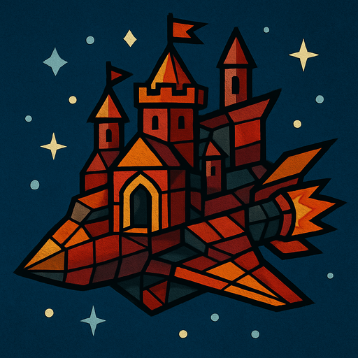 Ortaçağ tarzında bir uzay gemisi çiz ve çizim tarzıda kübizm olsun.
In-Game asset.  2d.  High contrast.  No shadows