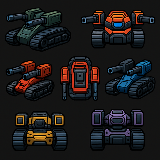 Pack of different future tank enemy have 2 turrets on its 2 sides, different frames of it facing the screen by sides from the left side, right side, top,bottom,front,back, HD colors.
In-Game asset.  2d.  High contrast.  No shadows