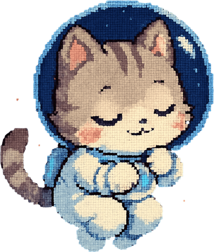 A cute kitten, illustrated in an adorable chibi anime style and wearing an astronaut suit, floats peacefully through outer space, sleeping in the most precious, curled-up position imaginable. Its tiny paws are tucked in close, and its expression is serene. The entire scene is rendered in a charming Pixel Art style.