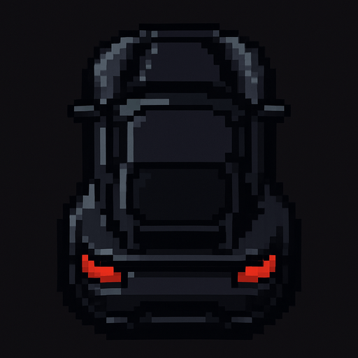 un auto negro deportivo hecho con pixeles con la perspectiva desde arriba y trasera.
In-Game asset.  2d.  High contrast.  No shadows