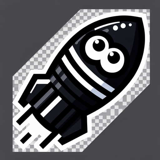 süper marıo oyunundaki siyah renkli ve gözleri olan füze.
Single Game Texture. In-Game asset. 2d. Blank background. High contrast. No shadows.