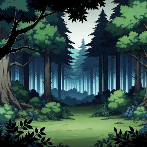 anime style green dark forest.
Single Game Texture.  In-Game asset.  2d.  Blank background.  High contrast.  No shadows