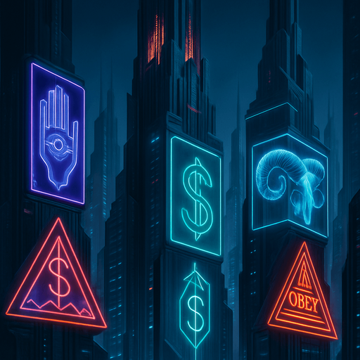 Neon cyberpunk skyscraper occult corporate logos-mixed with dark esoteric sigils capitalist subliminal commands 3d holograms billboards projections brutalist sleek architecture futuristic architecture multidimensional towering city spires glowing