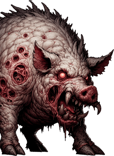monster pig horrorific.
Single Game Texture. In-Game asset. 2d. Blank background. High contrast. No shadows.