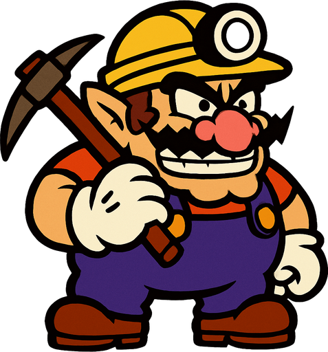 Super Mario'daki Wario karakteri ama madenci kılığında.
In-Game asset.  2d.  High contrast.  No shadows