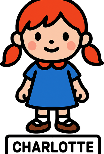 Petite fille nommée charlotte.
In-Game asset.  2d.  High contrast.  No shadows
