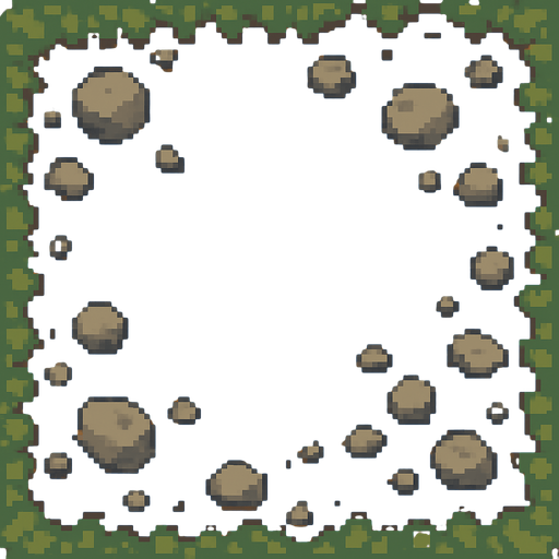 Top-down view of a single cartoon-style dirt and gravel path tile, seen from above, 2D game style, seamless and repeatable texture, hand-drawn or pixel-art style, natural colors, a mix of packed earth and scattered small stones, 32x32 sprite..
In-Game asset.  2d.  High contrast.  No shadows