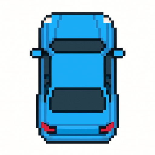 Pixel art mavi araba kuş bakışı.
In-Game asset.  2d.  High contrast.  No shadows