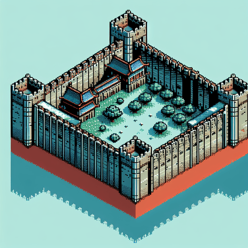 Make an ancient fortress wall facing north in an 8 bit style from a birds eye view.
Single Game Texture. In-Game asset. 2d. Blank background. High contrast. No shadows.