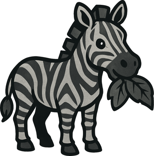 A grey zebra eating a leaf.
In-Game asset.  2d.  High contrast.  No shadows
