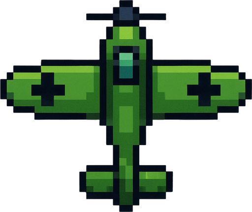 yeşil 2d pixel simetrik uçak
In-Game asset.  2d.  High contrast.  No shadows