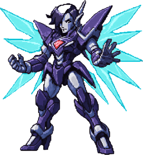 Appearance: An advanced and dramatically redesigned robotic version of Mettaton. It has futuristic armor, energy wings, and a stylized design reminiscent of an anime mecha. He have a heels, 2d pixel art