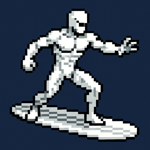 PİXEL ART SİLVER SURFER.
In-Game asset.  2d.  High contrast.  No shadows