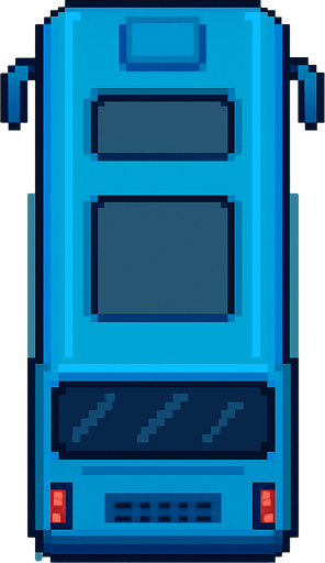 Pixel art mavi otobüs kuş bakışı.
In-Game asset.  2d.  High contrast.  No shadows