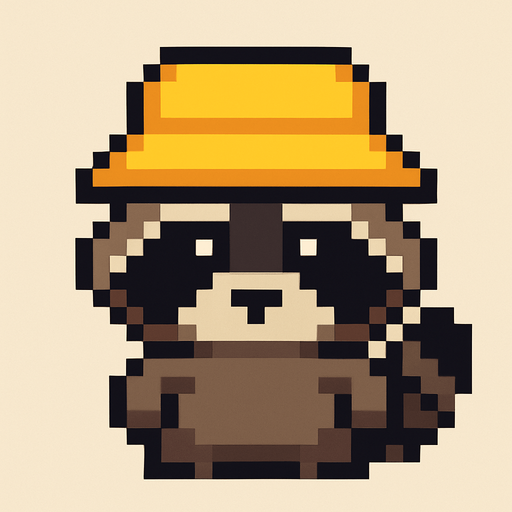 mapache de pixeles con sombrero pesquero.
In-Game asset.  2d.  High contrast.  No shadows