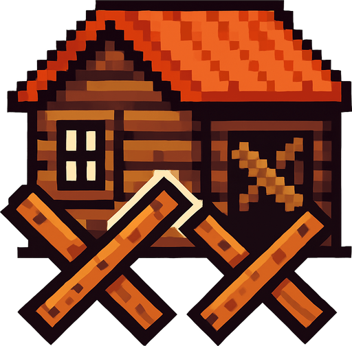 casa de madera con barricadas de pixeles.
In-Game asset.  2d.  High contrast.  No shadows