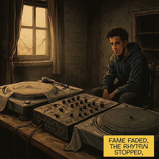 Realistic comic book scene, 2048x2048. Interior of a dusty room with DJ gear covered and unused. Noah sits in the background, partially hidden in shadow, melancholic lighting. Include a small narrator box at the bottom-right corner with the text: "Fame faded. The rhythm stopped.".
In-Game asset.  2d.  High contrast.  No shadows