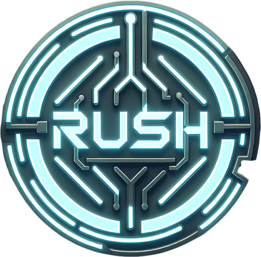 Gray Cyber neon lit logo of the word Rush.
Single Game Texture. In-Game asset. 2d. Blank background. High contrast. No shadows.