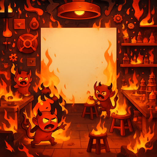 change santas to little devils and make everything chaotic and flames and snows. a whiteboard in the middle of the image as it is now