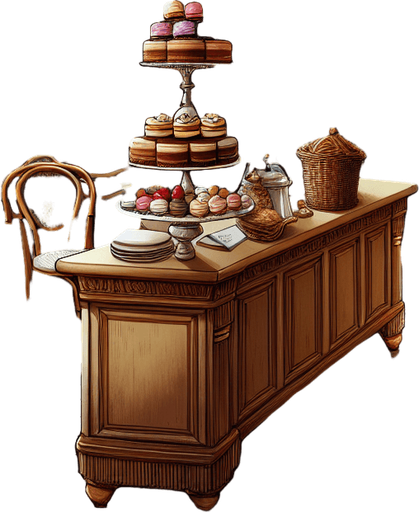 interieure de patiserie.
Single Game Texture. In-Game asset. 2d. Blank background. High contrast. No shadows.